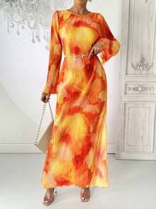 SHEIN Essnce 女士休闲时尚街拍浪漫约会褶皱水彩印花圆领长袖连衣裙褶皱面料橙色花卉女装舞会礼服晚宴装巡航女士装约会夜礼服 - 彩色 - 查看 1