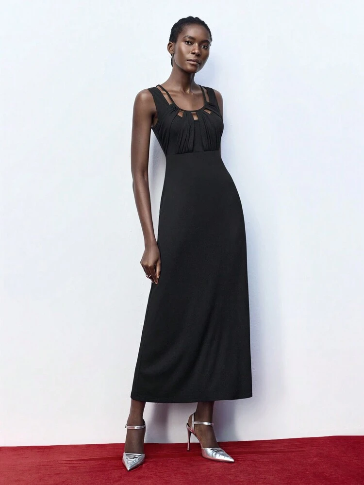 SHEIN Maija Damen schwarzes einfarbiges Kleid mit Rundhalsausschnitt und ärmellos, Herbst