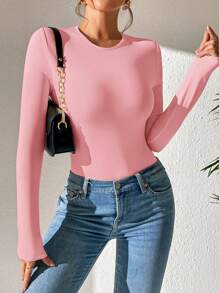 SHEIN PETITE Solid Slim Fit Spring Women Bodysuit - Pink - View 4