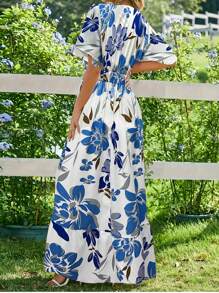 Breezaya 女士法式花卉印花荷叶边袖圆领连衣裙长款女装 - 藍色 - 查看 2