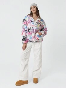 SHEIN EZwear Abrigo acolchado corto holgado con capucha, de patrón de teñido anudado y grafiti, informal de otoño invierno