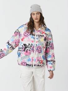 SHEIN EZwear Abrigo acolchado corto holgado con capucha, de patrón de teñido anudado y grafiti, informal de otoño invierno