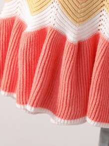 Tween Girl Wavy Lines Color Block Knit Sweater Midi Dress,Pink And White,Autumn,Boho,Family Matching Ruffle Trim Elastic Texture Casual School Fashion - Coral Orange - View 7