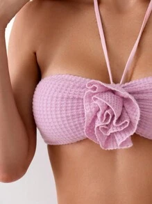 SHEIN Swim 女士度假纯色比基尼套装，3D 花朵装饰吊带领，两件套比基尼套装，夏季海滩 - 紫色 - 查看 4