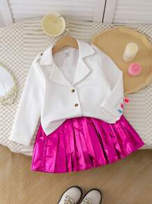 SHEIN 2pcs/Set Young Girl Fashion Elegant Top Jacket + Fuschia Pleated Skirt Outfit, Spring & Autumn