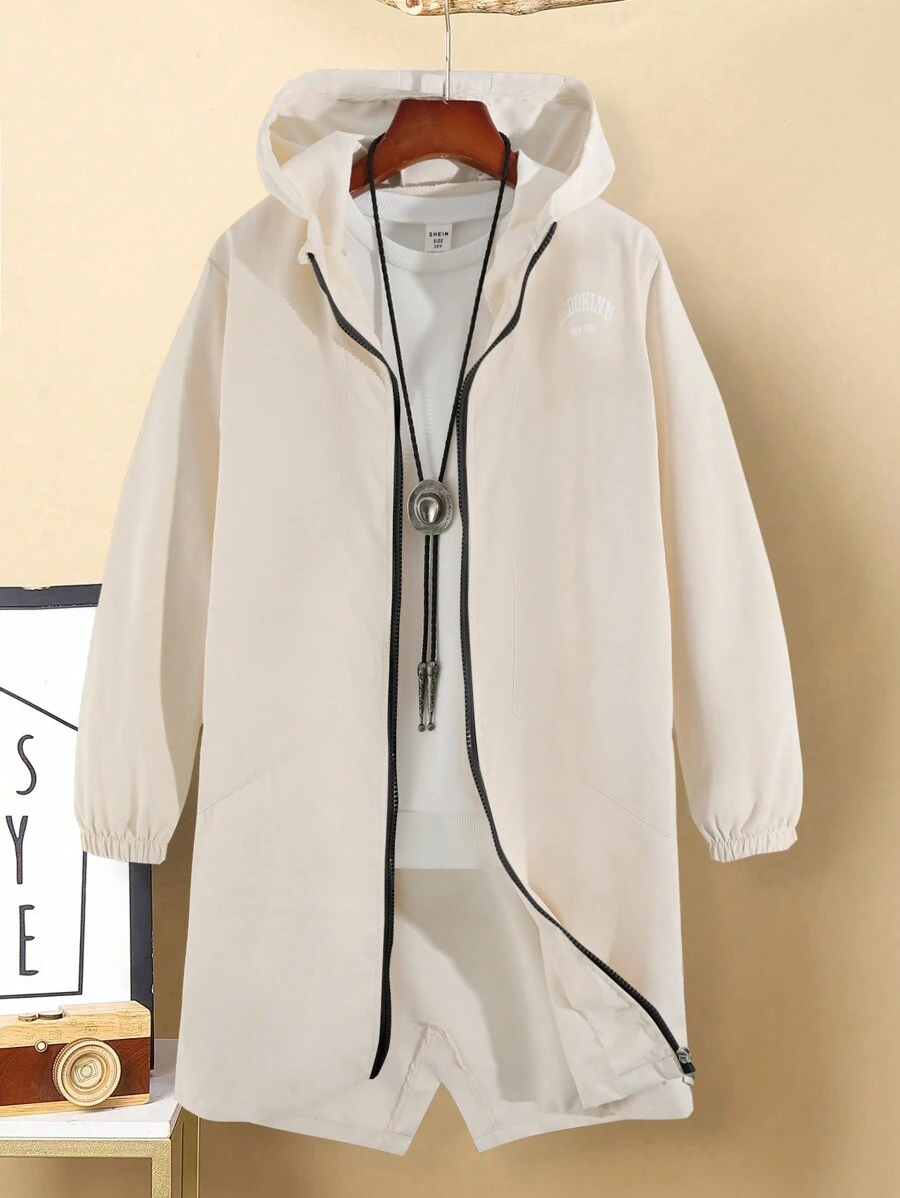 Tween Boy Casual Versatile Loose Fit Hooded Zipper Functional Outdoor Mid-Length Trench Coat