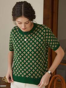 Knit Mix 法式风格女士针织通勤毛衣，花卉图案，撞色短袖T恤，适合春秋季节穿着，简约复古返校季秋季女装