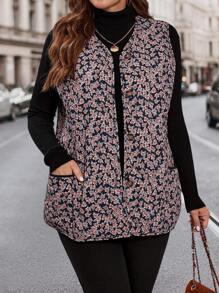 Plus Size Sleeveless All-Over Ditsy Floral Casual Jacket - Multicolor - View 6