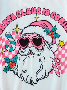 2 peças Tween Girl Natal Papai Noel Imprimir Costas Manga Curta Outfit