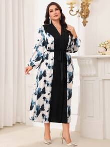 Modelyn 大码女式印花和纯色拼布长袖连衣裙长款晚礼服 - 彩色 - 查看 7