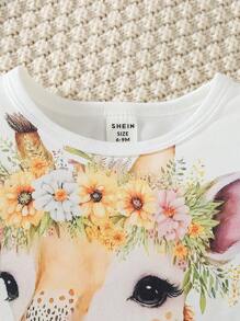 SHEIN 女宝宝卡通长颈鹿印花长袖上衣+喇叭裤休闲套装 - 藍白色 - 查看 4