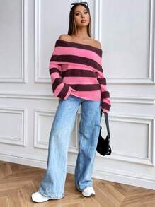 SHEIN Unity Women's Off-Shoulder Striped Long Sleeve Knit Top, Elegant And Charming, Knit Pullover Fall Winter - Multicolor - View 3