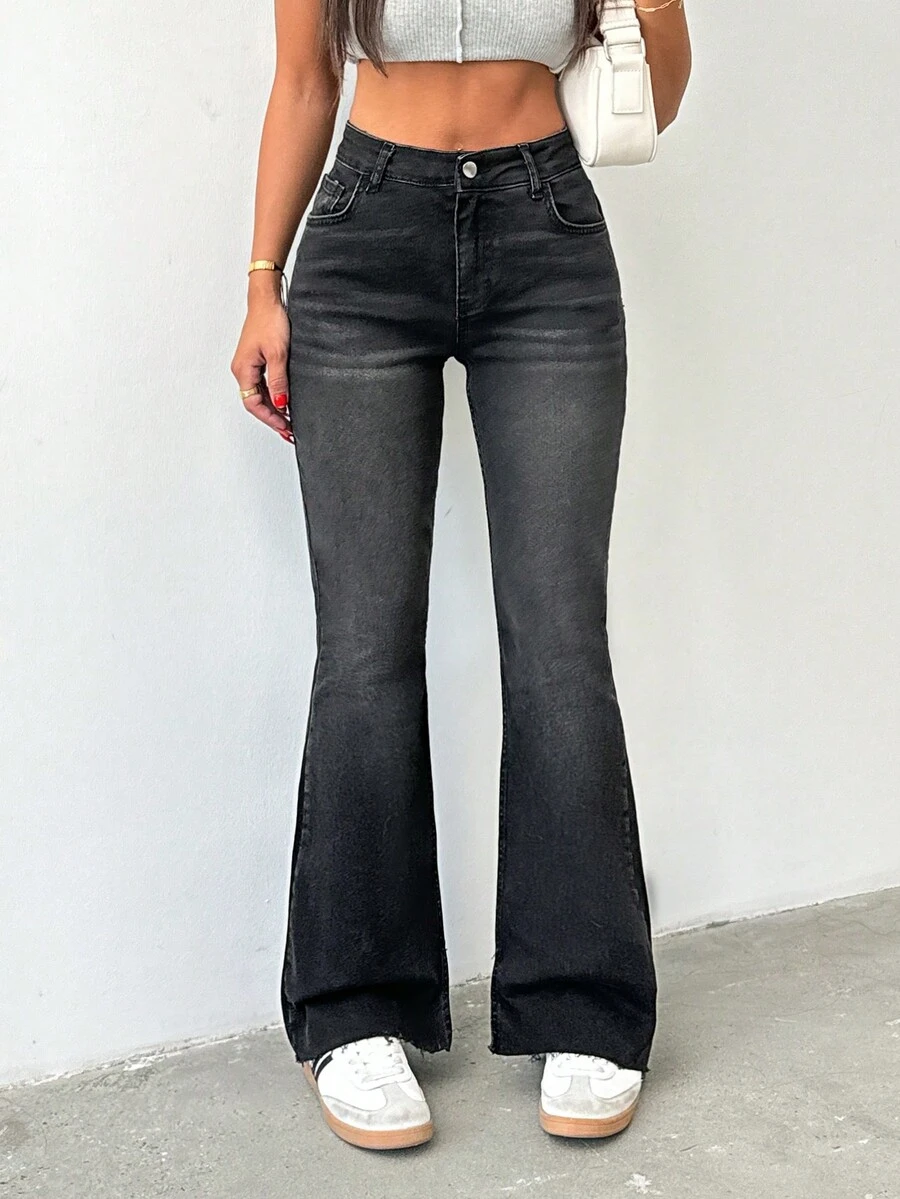 98 CottonLow Waist Slit Detailed Flare Leg Jean SHEIN USA
