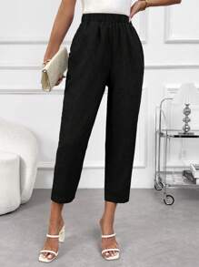 EMERY ROSE 女式纯色简约纽扣口袋休闲裤 - 黑色 - 查看 5