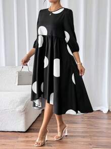 SHEIN Unity Women's Polka Dot Allover Print Round Neck Mid-Sleeve Ruched Casual Beach Dress - Multicolor - View 4