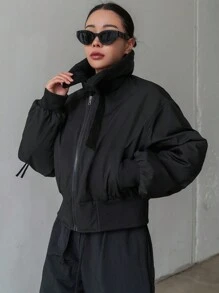 DAZY Abrigo acolchado para mujer, forrado térmico, parche de borreguito sintético, chaqueta estilo motocicleta - Negro - Ver 6