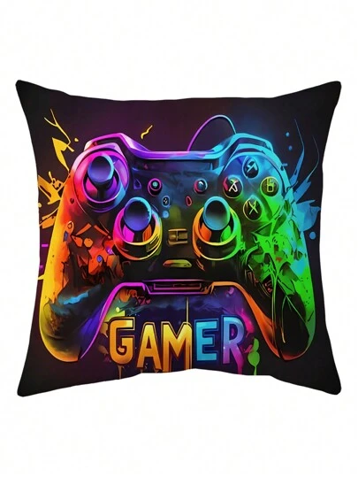 1pc Game Controller Patterned Pillowcase (17.7in X 17.7in), Gaming Theme Cushion Cover, Home Decoration, Room Decor, Bedroom Accessory, Pillow Core Not Included Christmas For Holiday Gift Giving