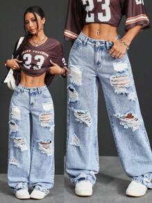 SHEIN PETITE Women's Ripped Wide Leg Loose Casual Versatile Denim Jeans Y2K Pocket Hole Fashion Wash