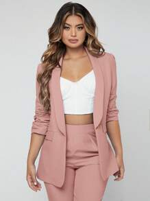 SHEIN SXY Conjunto de chaqueta y pantalón casual de talla grande para mujer, estilo liso con pliegues y manga 3/4, para uso en primavera y verano en la oficina - Rosa vieja - Ver 6
