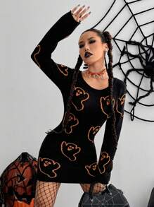 SHEIN Unity 女式万圣节卡通印花修身毛衣裙 - 黑色 - 查看 1