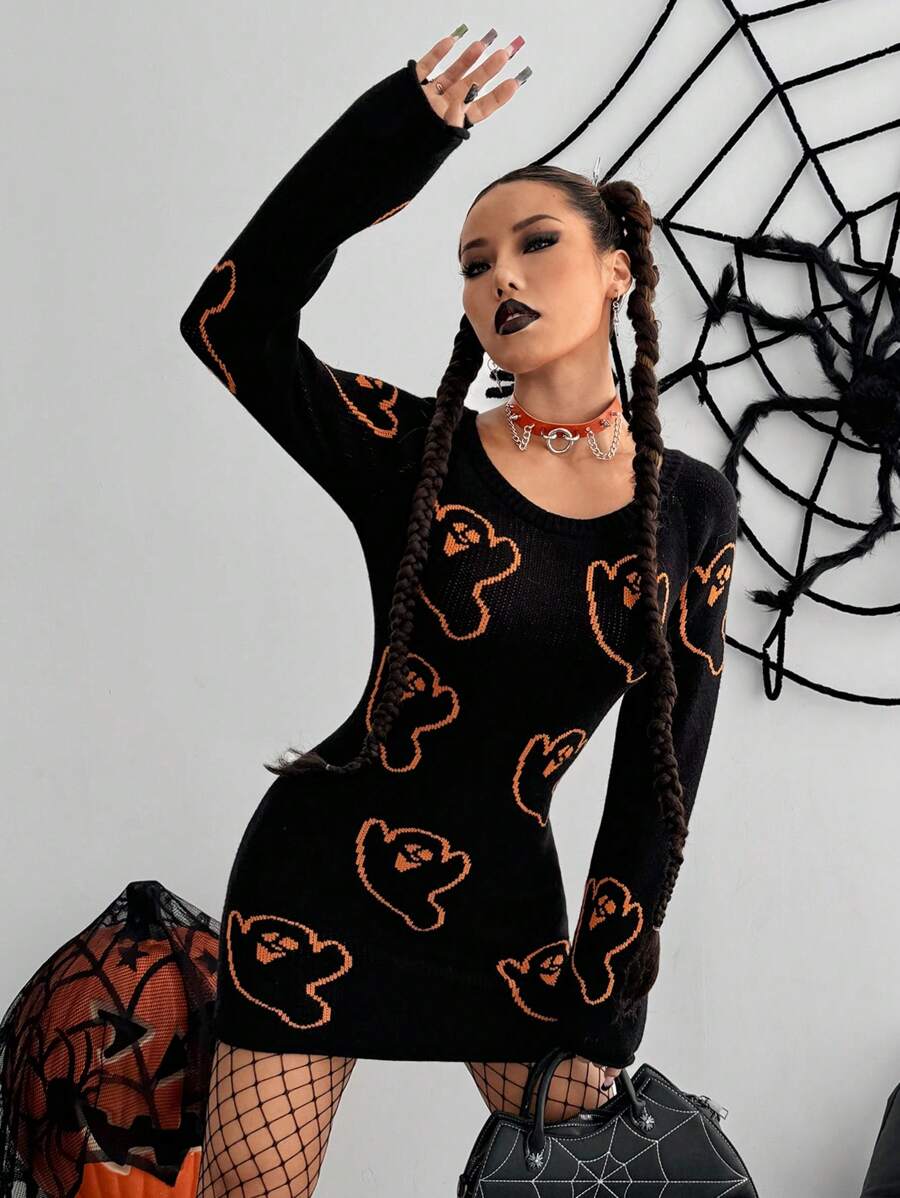 SHEIN Unity 女式万圣节卡通印花修身毛衣裙 - 黑色 - 查看 1