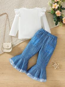 SHEIN 女宝宝卡通长颈鹿印花长袖上衣+喇叭裤休闲套装 - 藍白色 - 查看 2