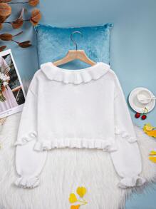 SHEIN 少女领开衫，白色，标志性卡哇伊风格，柔软针织，蝴蝶装饰，灯笼袖，荷叶边饰边，珍珠纽扣，适合外出、购物、聚会、上学 - 白色 - 查看 2