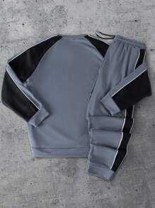 PAVTROS Manfinity Streetrush 2pcs Men's Casual Contrast Color Block Print Crewneck Sweatshirt And Sweatpants Sports Suit - Dark Grey - View 2