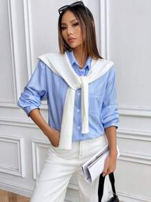 Flirla Women's Fashionable Casual Blue And White Striped Blouse