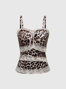 ROMWE Goth Y2K Sweet Leopard Print Patchwork Hồng Ren Hem Crop Top cho Nữ - Nhiều màu - Xem 1