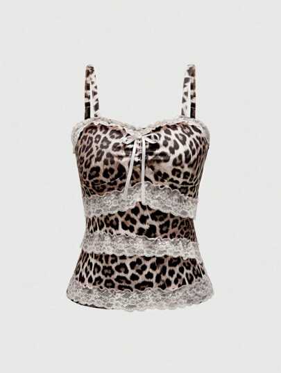 Goth Top corto con estampado de leopardo dulce Y2K con parches y borde de encaje rosa para mujeres