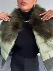 EURMUSE 人造毛皮连帽衫 拉链宽松时尚加垫冬季外套 - 綠色 - 查看 3