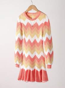 Tween Girl Wavy Lines Color Block Knit Sweater Midi Dress,Pink And White,Autumn,Boho,Family Matching Ruffle Trim Elastic Texture Casual School Fashion - Coral Orange - View 8