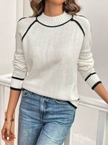 SHEIN LUNE Women's Casual Raglan Sleeve Loose Knit Sweater, Autumn/Winter, Knit Pullover Fall - White - View 6
