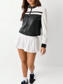 TRNVIE Solid Color Patchwork Front Zip Long Sleeve Simple Faux Leather Jacket, Casual Everyday Wear - Black - View 5