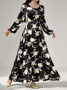 Al Najma Round Neck Lantern Sleeve Side Drawstring Dual-Color Print Dress - Black - View 5