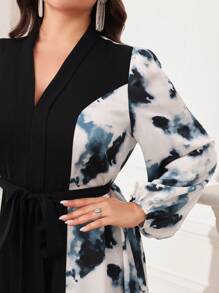 Modelyn 大码女式印花和纯色拼布长袖连衣裙长款晚礼服 - 彩色 - 查看 1