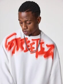 Manfinity VCAY Men's English Graphic Print Loose Fit Crew Neck Long Sleeve Knitted Sweatshirt, For Fall Winter - White - View 4