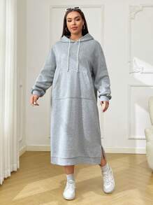 SHEIN EZwear Plus Size Women Gray Long Hooded Sweatshirt Dress With Pockets, Warm Autumn Winter Fall - Grey - View 4