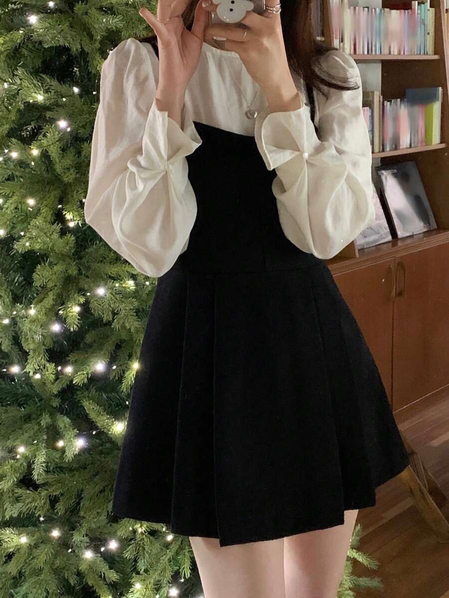 DAZY 女士纯色拼接长袖休闲连衣裙、生日、新年舞会礼服、迷你连衣裙圣诞节 - 黑色 - 查看 1