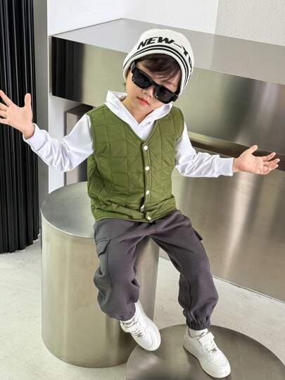 SHEIN 1 件装年轻男孩休闲格子加厚背心，适合秋冬季日常、上学、户外玩耍