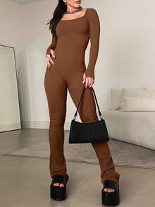 Mono ceñido de manga larga y espalda descubierta para mujer, ropa casual y sexy de otoño e invierno - Marrón - Ver 2