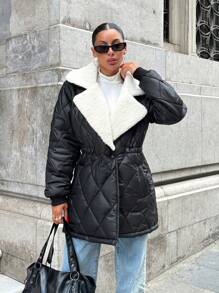 EURMUSE Women Padded Coat, The Waist-Closed Shape-Elegant Style, Contrast Colour, Rib Cuff - Black - View 8