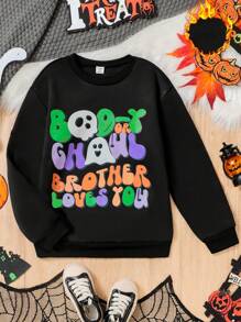 1pc Black Oversized Tween Boy Casual Ghost Colorful Graphic Print Thermal Lined Round Neck Drop Shoulder Long Sleeve Sweatshirt Clothes, Suitable For Halloween, Fall/Winter