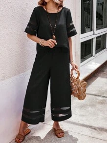 EMERY ROSE 女士波西米亚风亚麻网布拼布休闲套装 - 黑色 - 查看 3