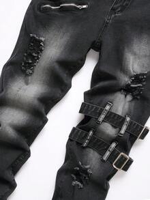 Manfinity Hypemode Quần Jeans Ống Thẳng Túi Cũ Màu Trơn Cho Nam - màu đen - Xem 3