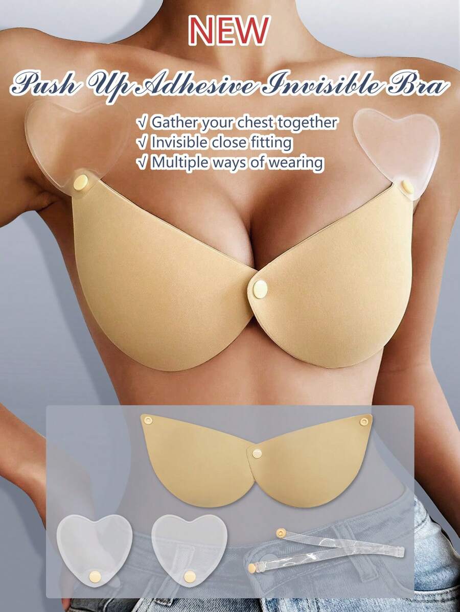 1pc Plus Size Underwire Silicone Front-Closure Invisible Bra,Breathable Push-Up Adhesive Bra Stickers For Wedding Guest,Dress,Bikini&Swimwear - Apricot - View 1