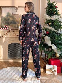 Conjunto de pijama con manga larga y cuello de solapa con estampado de hombre de jengibre navideño