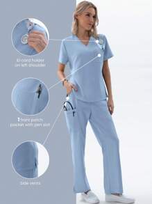 TaskEZ 1 套女士护士制服手术服套装，V 领哑光上衣（带 1 个口袋）+ 背部抽绳弹力哑光裤子（带 4 个口袋） - 淺藍色 - 查看 3