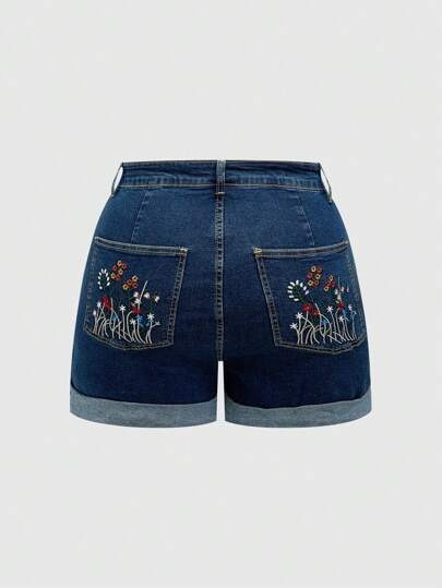 Fairycore Große Größen Cottagecore Shorts aus Denim mit botanischen Blumen Stickereien